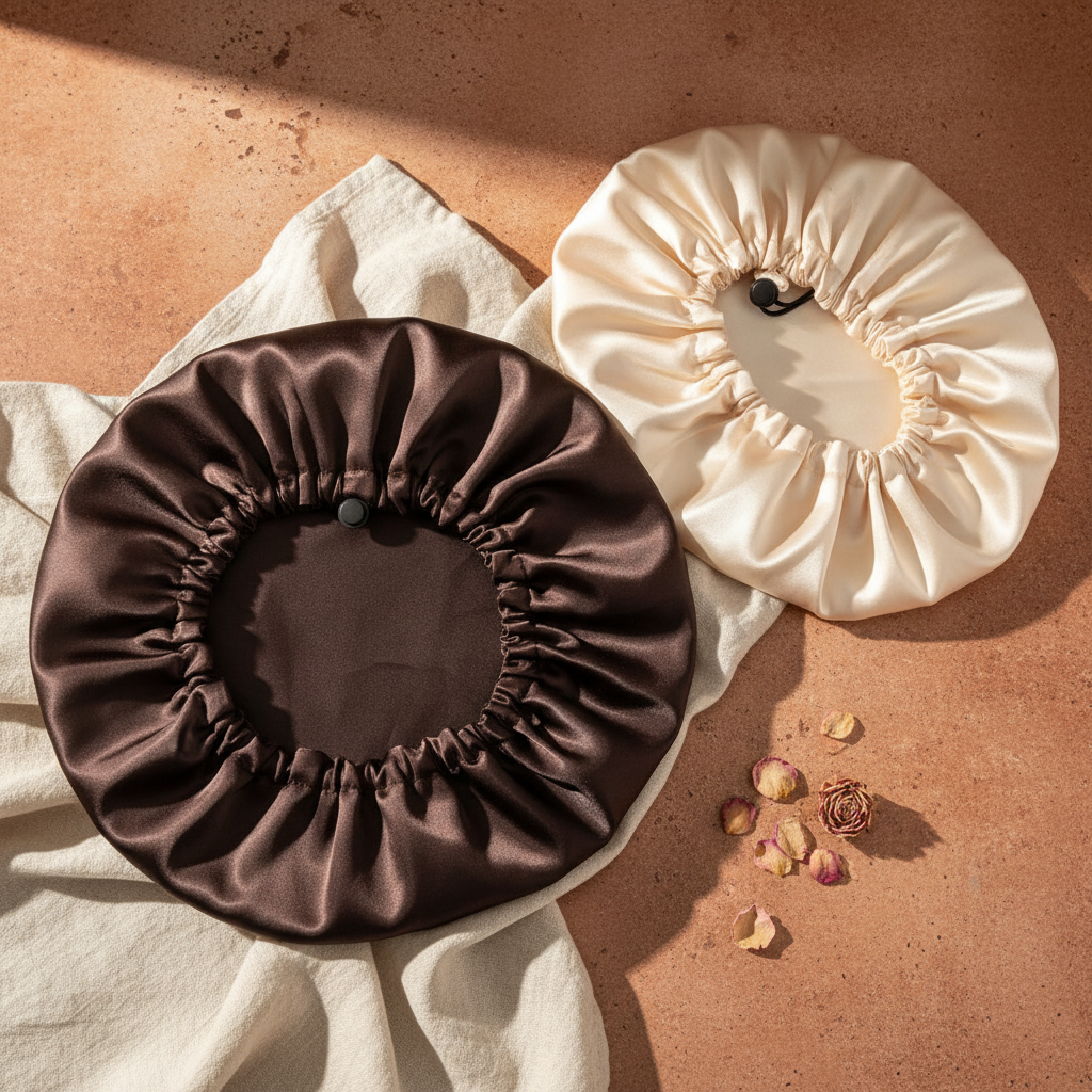 Bonnet de nuit satin réversible brun mise en scène pro terracotta